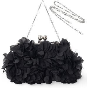 New Jambhala Black Flower Petal Clutch Bag with Detachable Shoulder Chains
